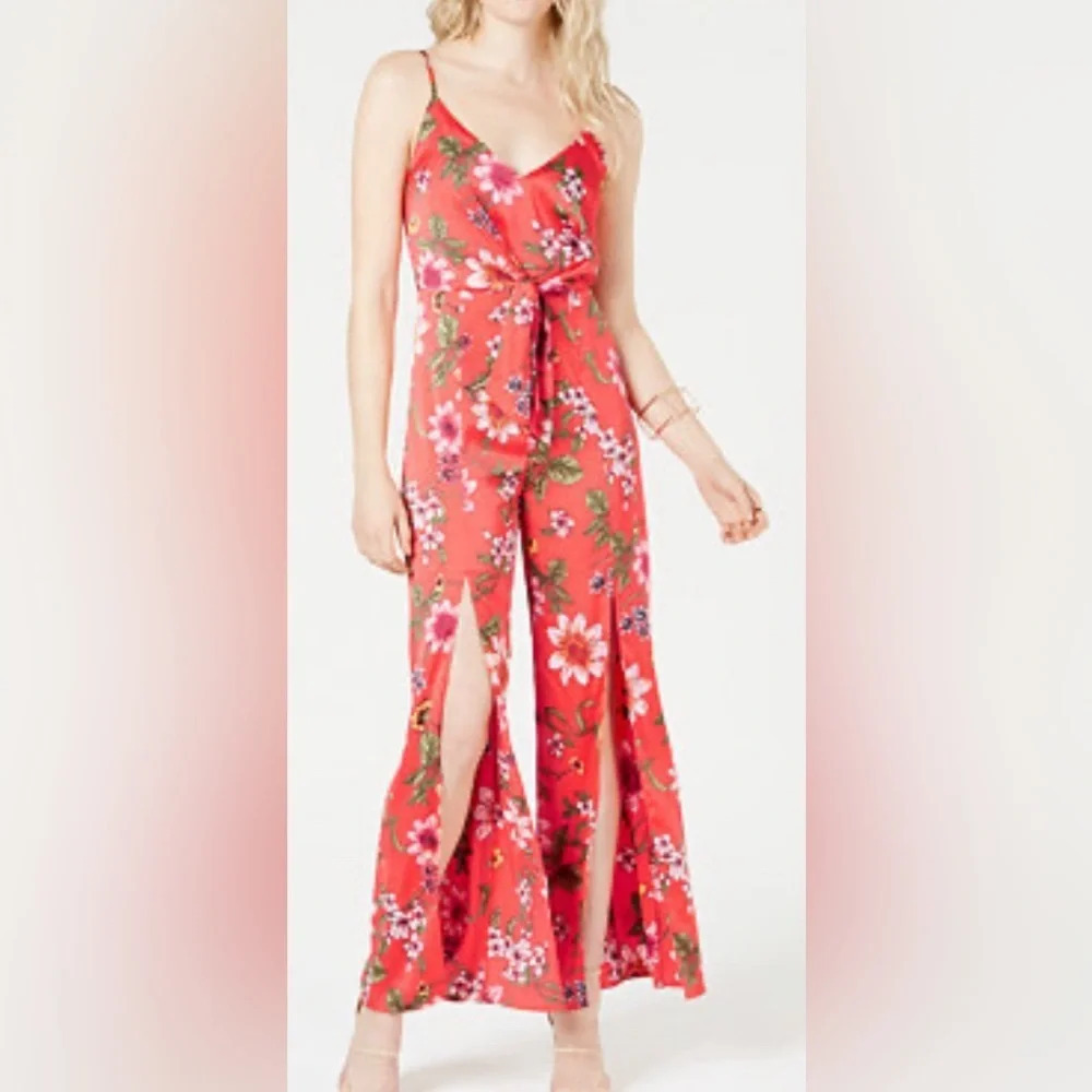GUESS Isora Floral Print Split Leg Jumpsuit Size 0 Red Summer Romper